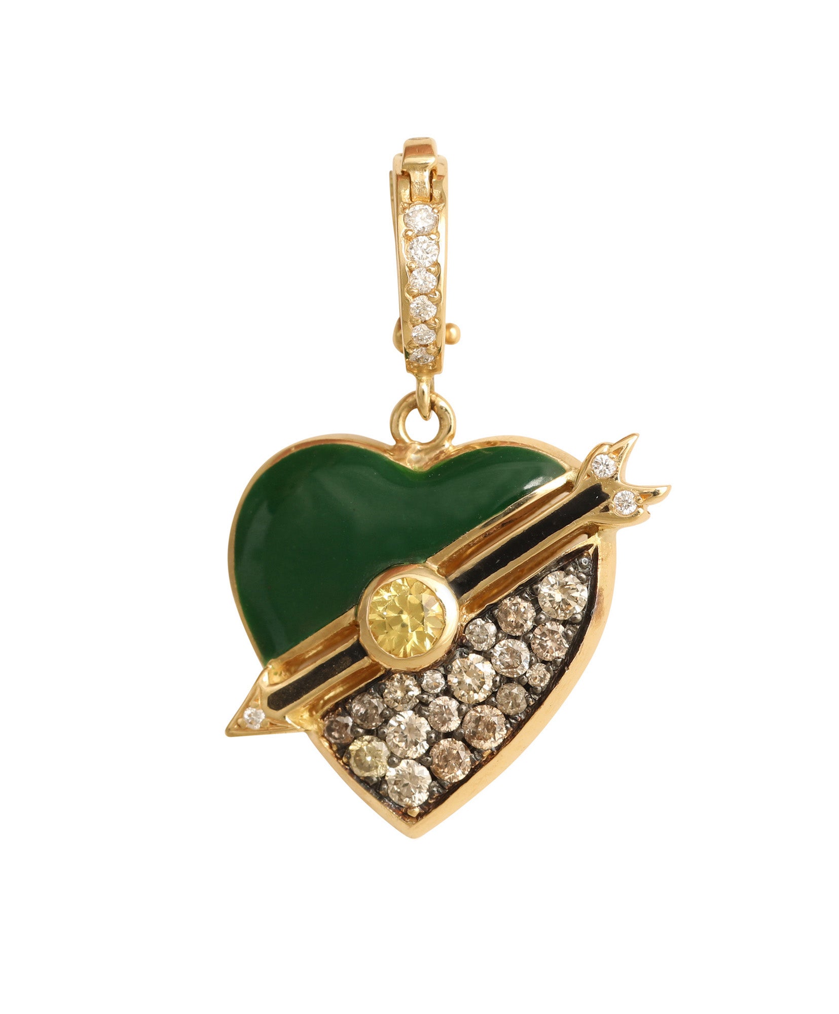  J by boghossian, white diamonds, gold, charm, pendant, heart, brown diamond, green enamel