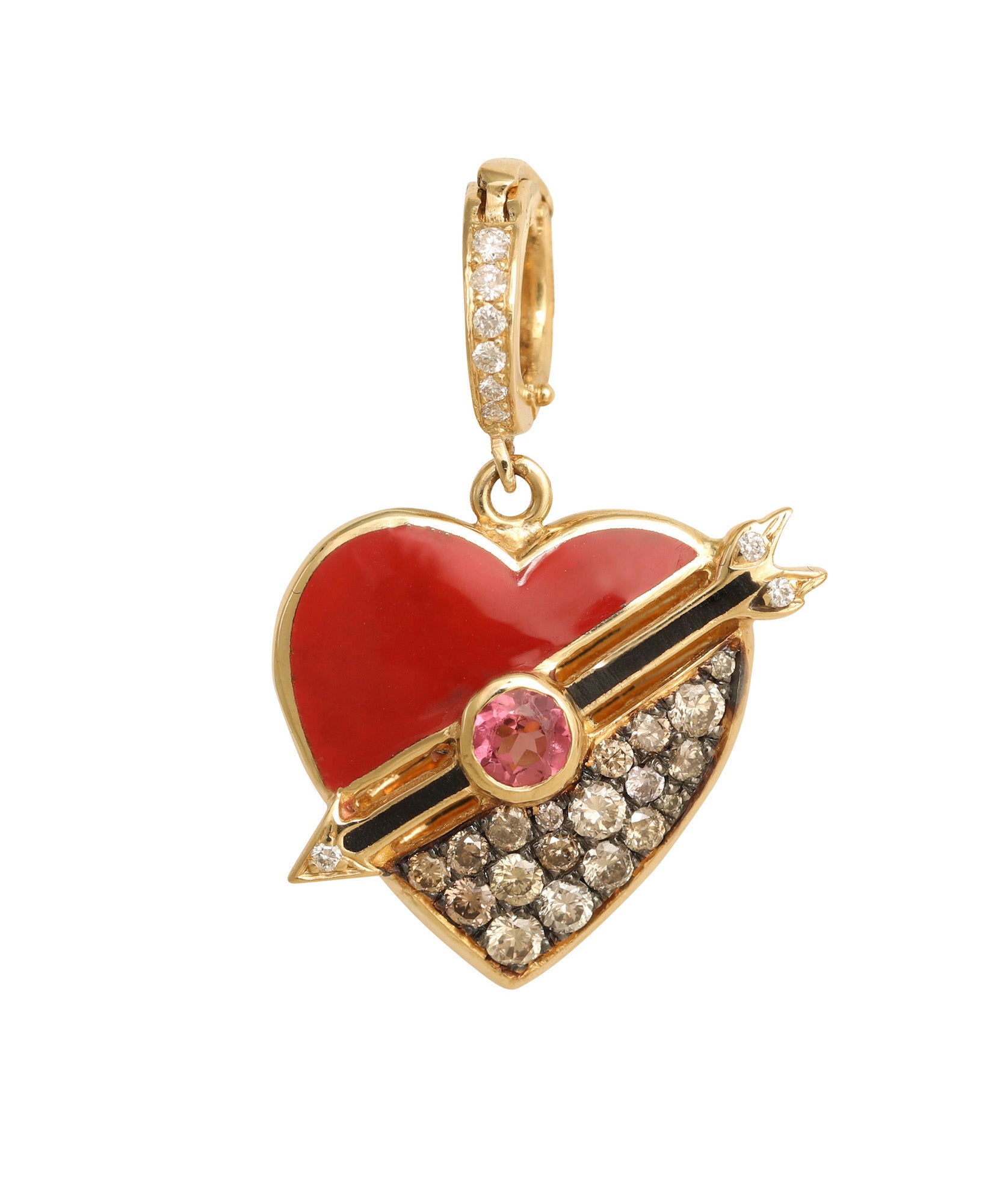  J by boghossian, white diamonds, gold, charm, pendant, heart, brown diamond, red enamel