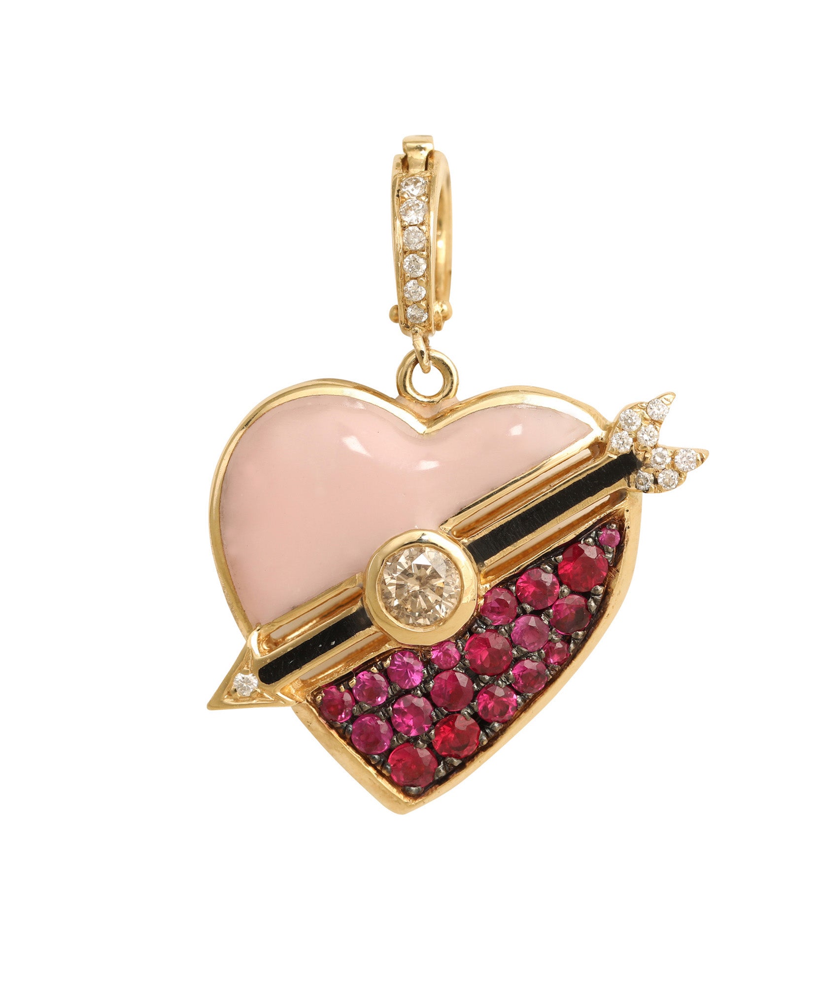 J by boghossian, gold, charm, heart, pink enamel, ruby, brown diamond