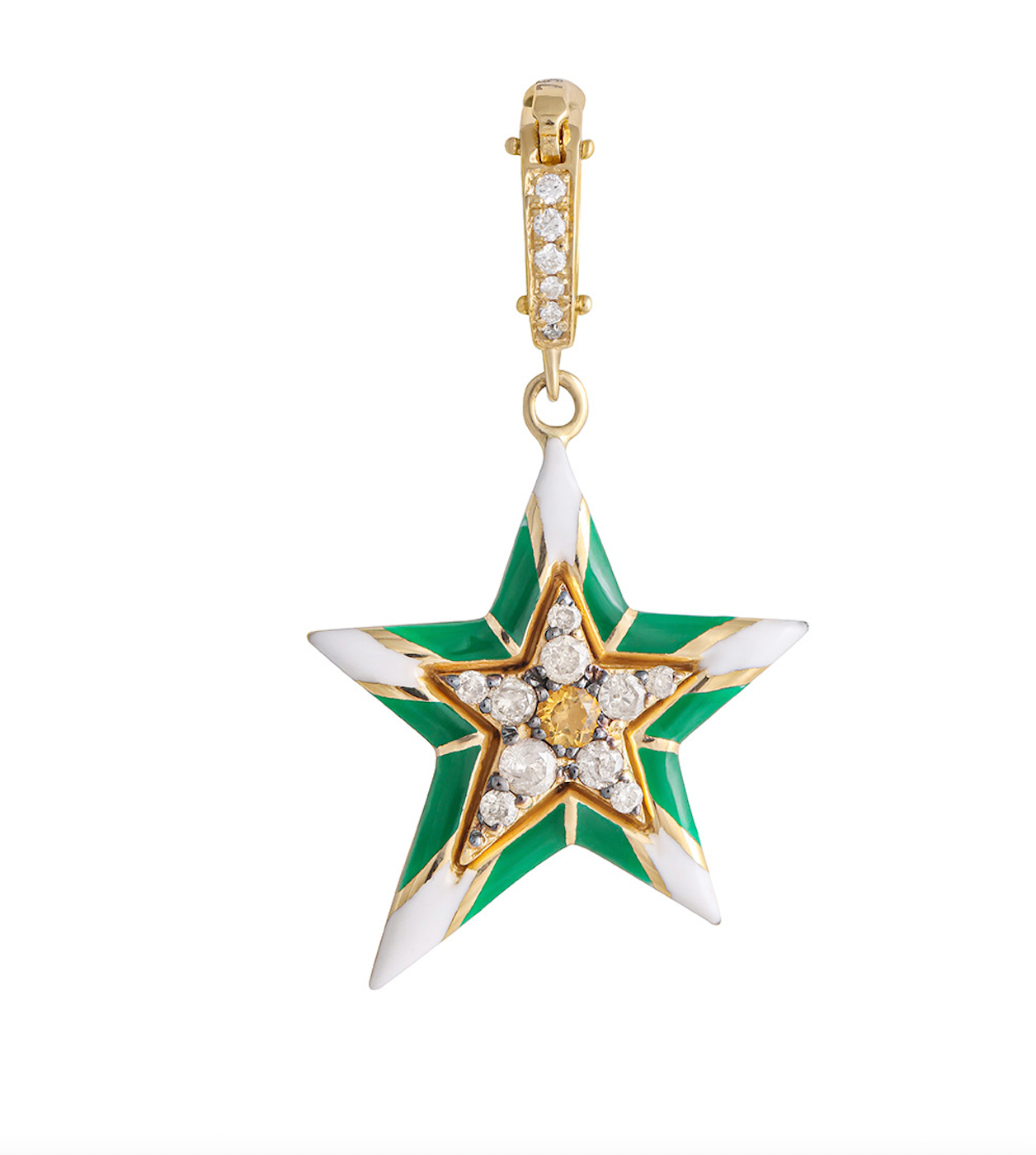 J by boghossian, gold, charm, pendant, star, white diamond, green enamel, white enamel, citrine