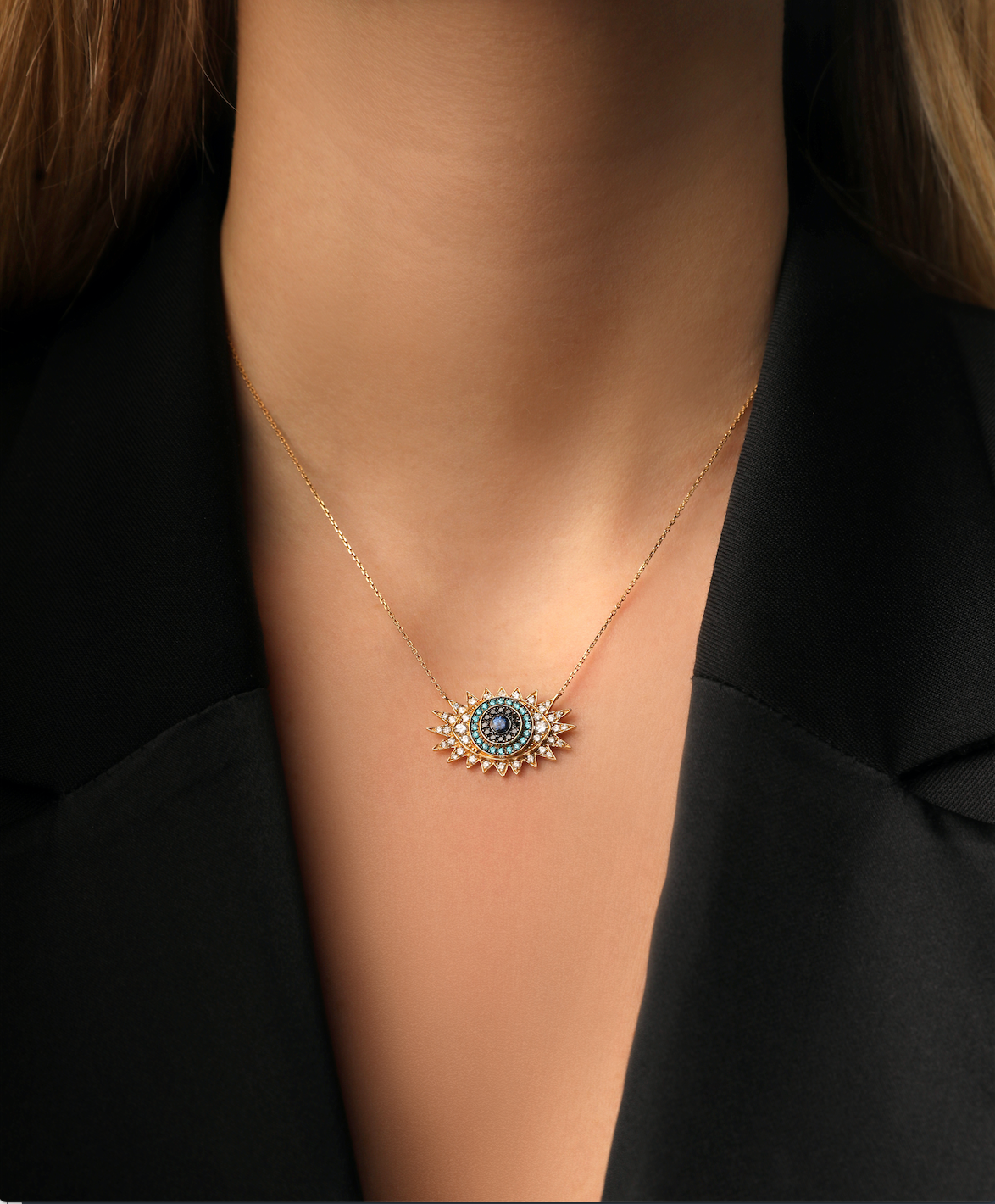 J by Boghossian, necklace, white diamond, black diamonds, gold, sapphire, evil eye, blue zirconia