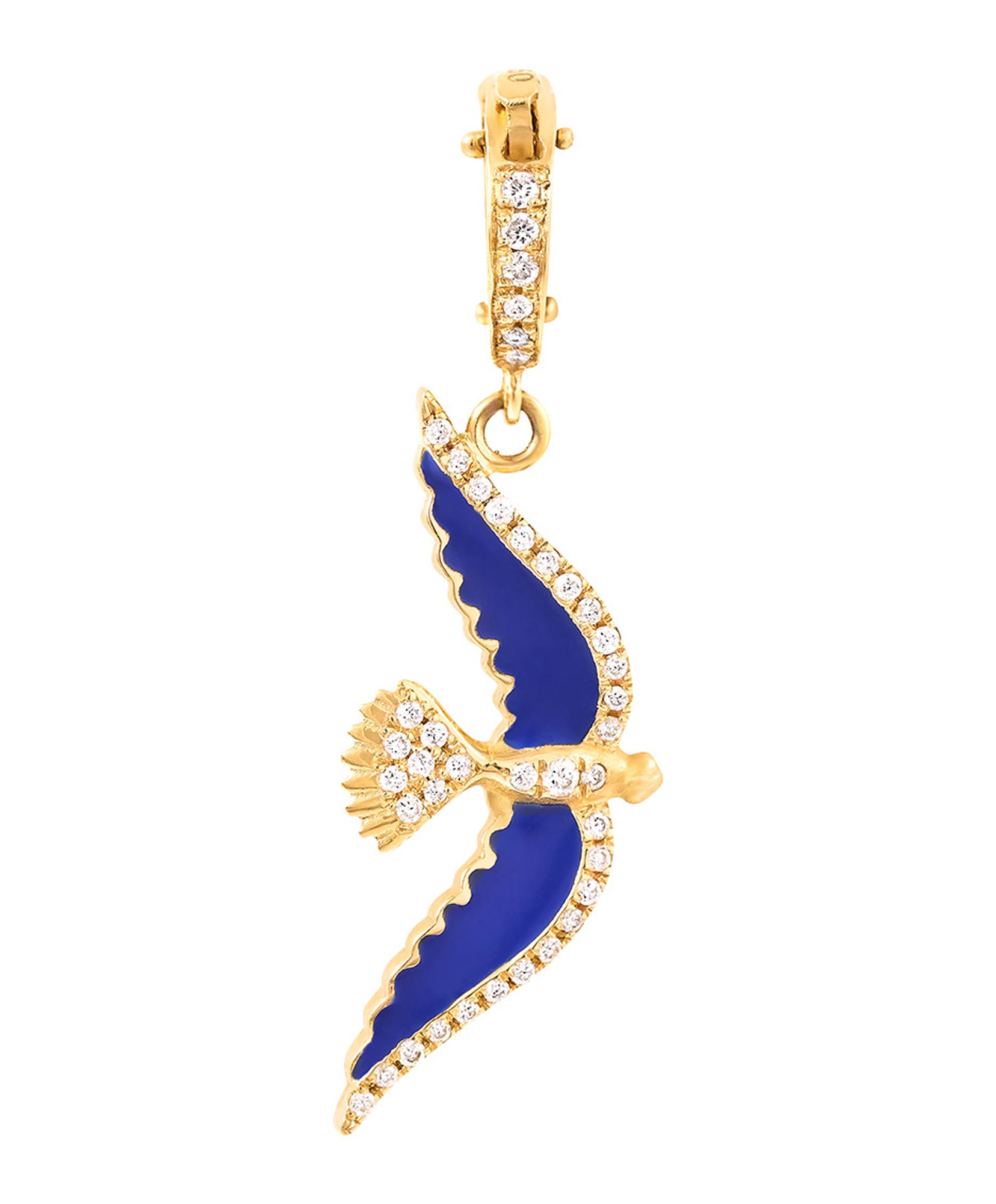  J by boghossian, white diamonds, gold, charm, pendant, bird, navy blue enamel