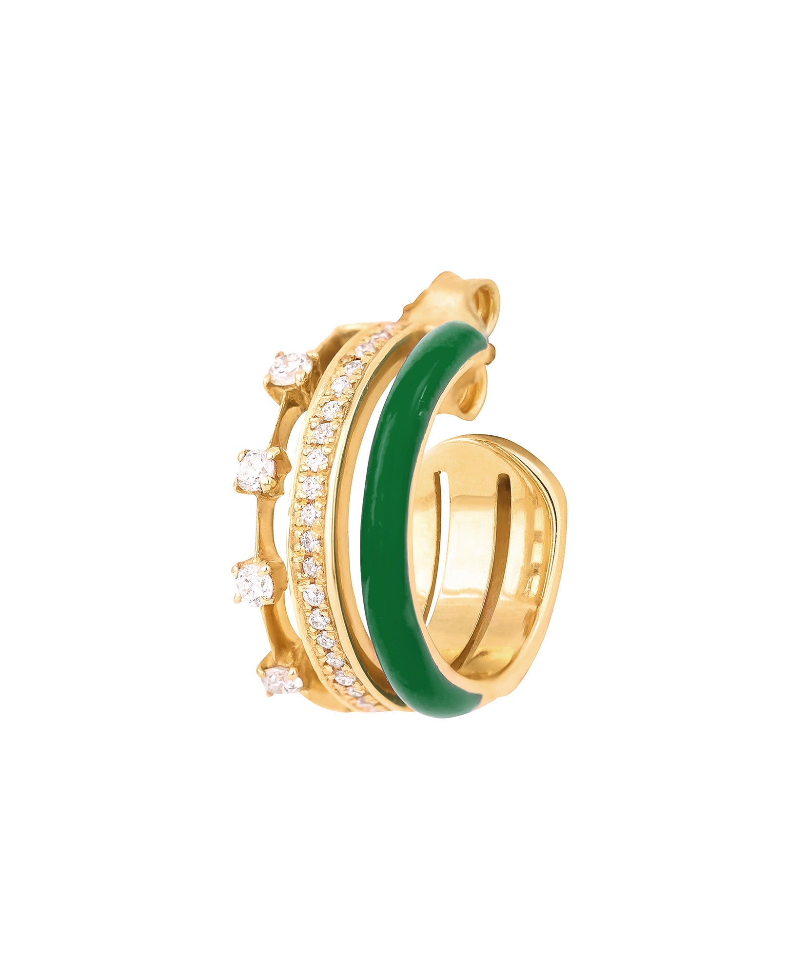 J by boghossian, gold, earring, hoop, triple hoop, white diamond, green enamel